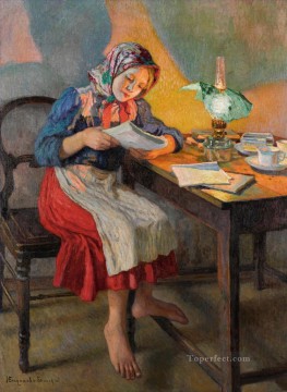 Nikolay Petrovich Bogdanov Belsky Painting - Lectura junto a la lámpara Nikolay Bogdanov Belsky
